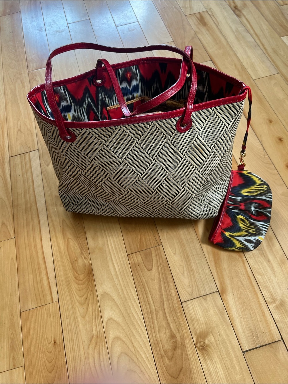 MZ Wallace Large Cream Woven Tote with Red Trim and Patterned Pouch